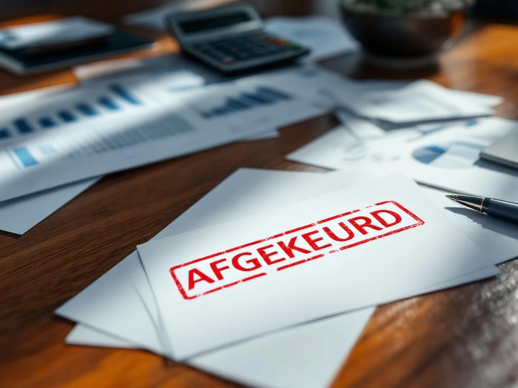 Overheidsformulieren op houten bureau met rode "AFGEKEURD" stempel, grafieken op achtergrond, calculator en pen zichtbaar.