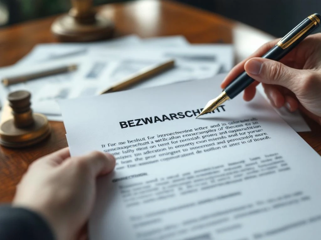 Handen houden bezwaarschrift boven juridische documenten met WIA besluit afwijzing op houten bureau met vulpen