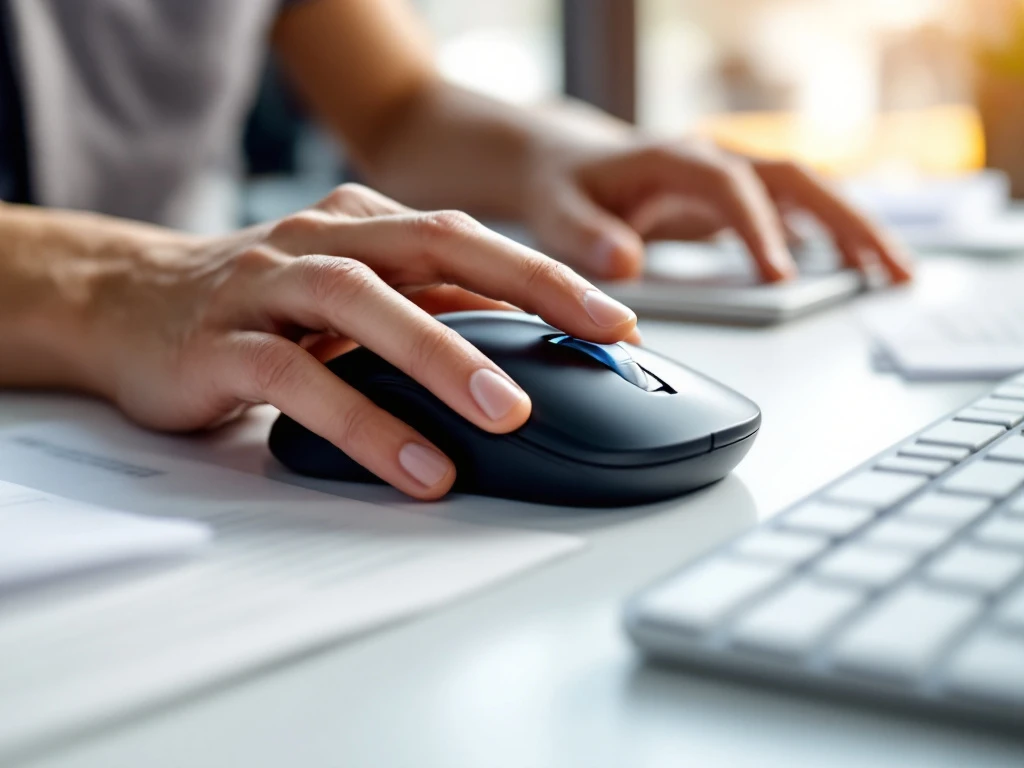 Handen gebruiken ergonomische computermuis met aangepaste knoppen op moderne werkplek met toetsenbord op achtergrond