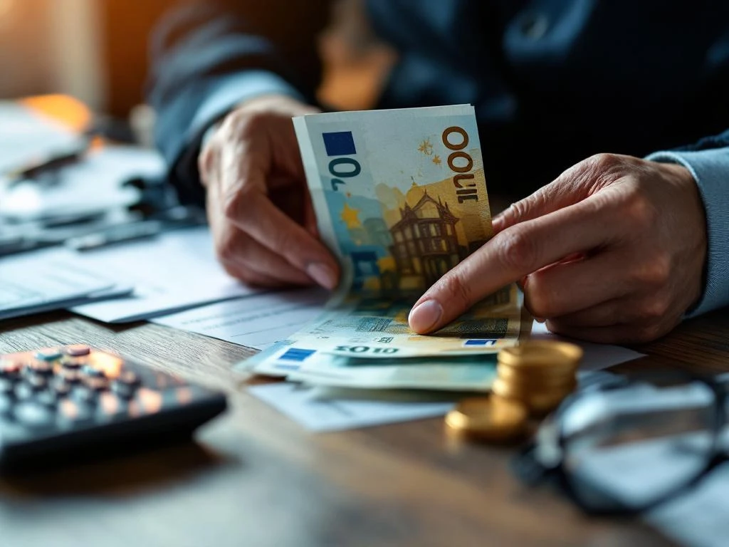 Handen tellen euro bankbiljetten op houten bureau met officiële documenten, rekenmachine en bril voor financiële planning