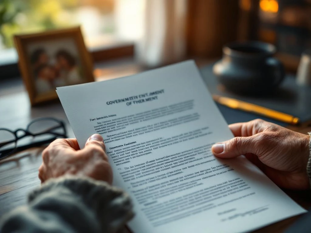 Verweerde handen houden officieel overheidsdocument vast op houten bureau met familiefoto en bril op achtergrond