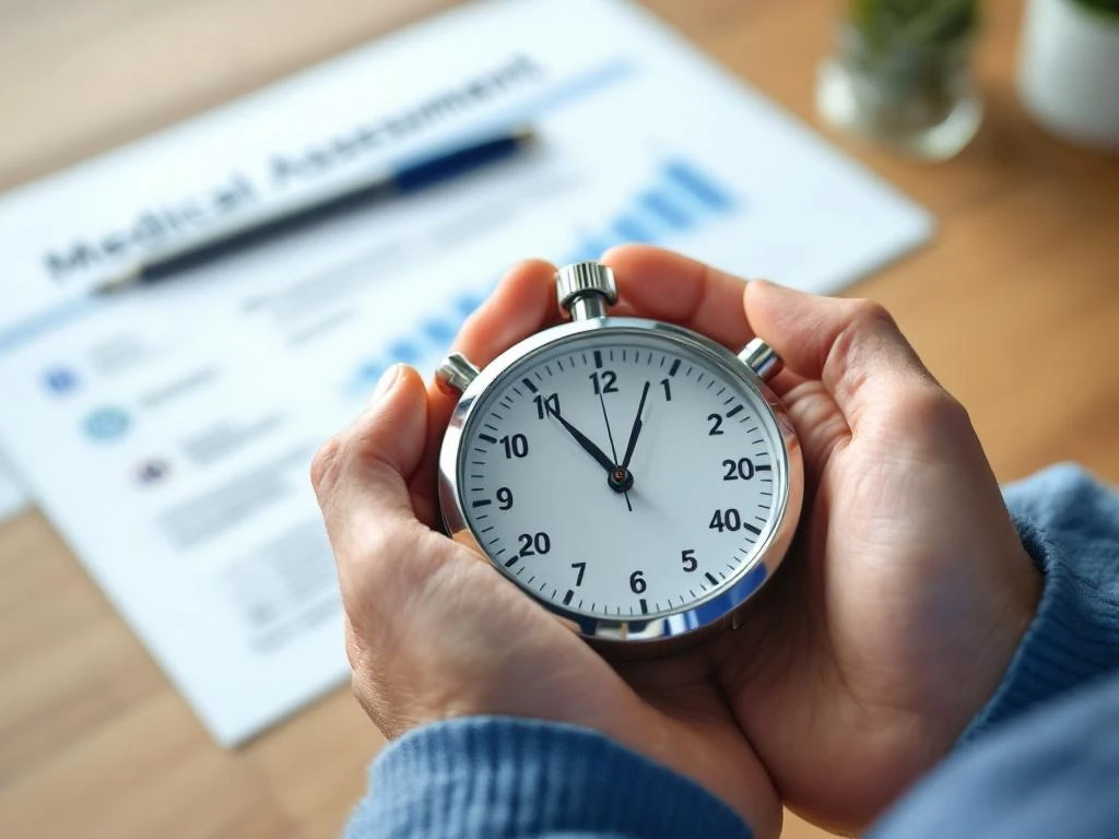 Professionele stopwatch in handen met medische beoordelingsformulieren op houten bureau op achtergrond