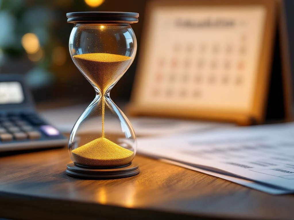 Zandloper met gouden zand naast Nederlandse overheidsdocumenten en rekenmachine op houten bureau, kalender op achtergrond