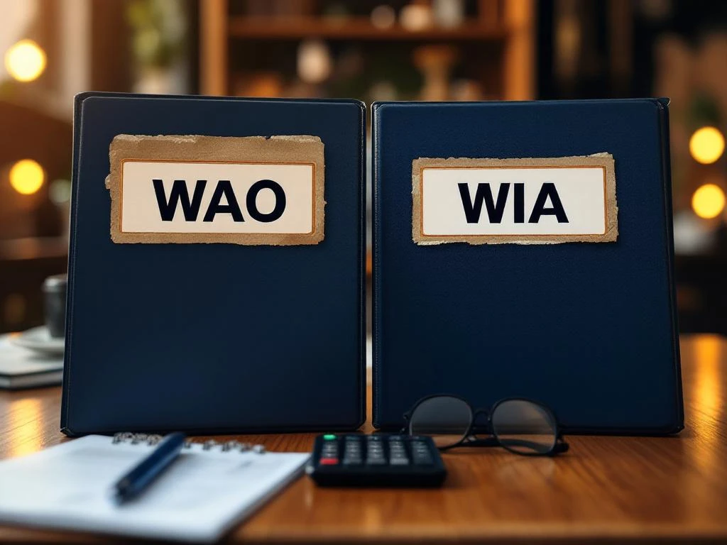 Twee juridische mappen op houten bureau: vintage WAO-map links, moderne WIA-map rechts, met rekenmachine en bril