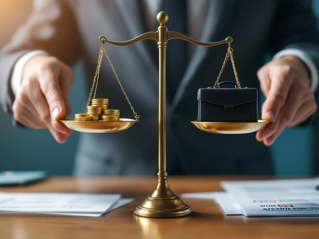 Professionele handen houden weegschaal vast met gouden munten en koffer, symboliseert werk-inkomen balans op kantoor