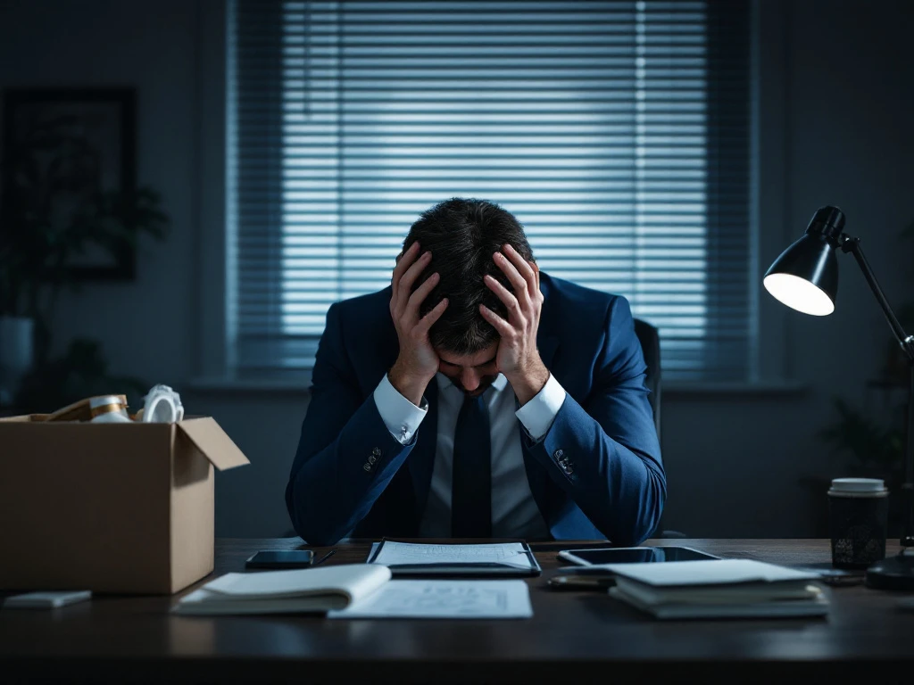Uitgeputte zakenman zit verslagen aan leeg bureau met kartonnen doos, kantoor verlaten na ziekteverlof ontslag