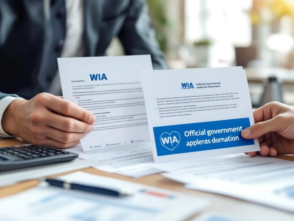 Handen houden WIA-documenten vast op bureau met calculator en pen, professionele omgeving met natuurlijk licht