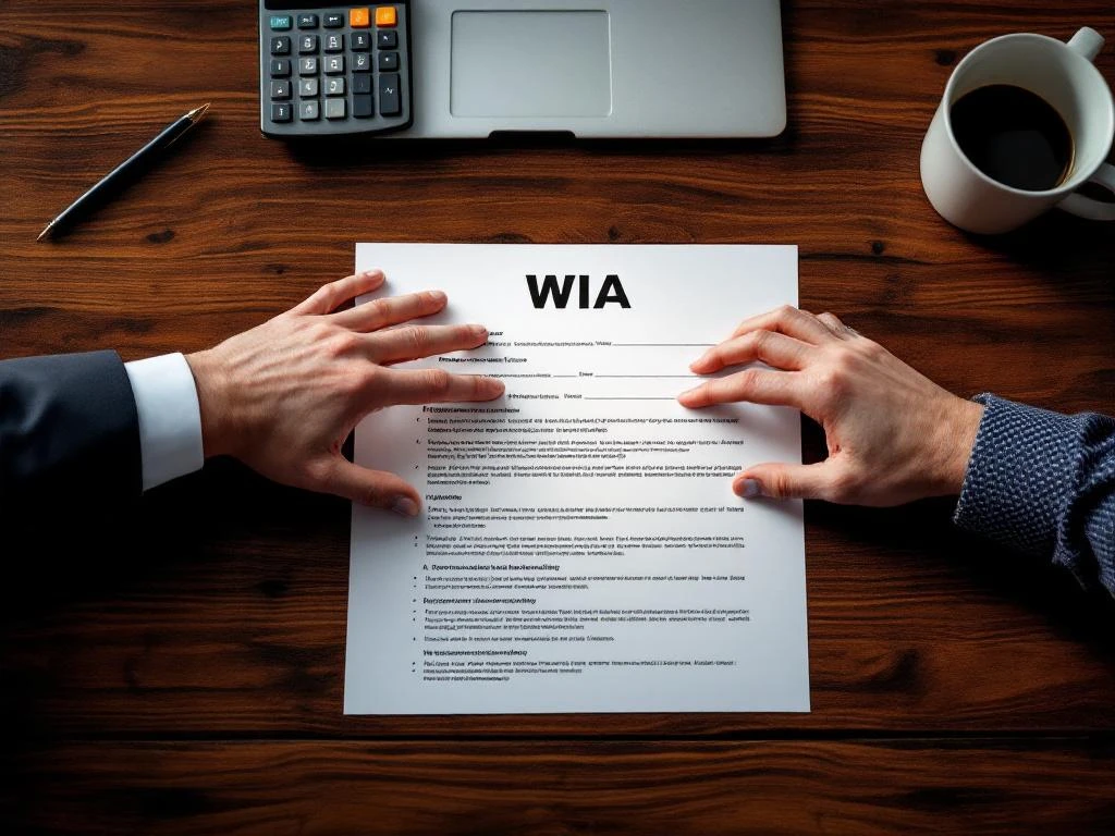 Werkgever en werknemer reiken naar WIA-aanvraagdocument op houten bureau met calculator en pen