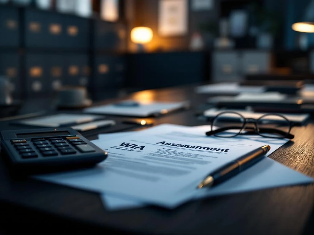 Professioneel bureau met WIA-beoordelingsdocumenten, rekenmachine, pen en leesbril op donker houten oppervlak