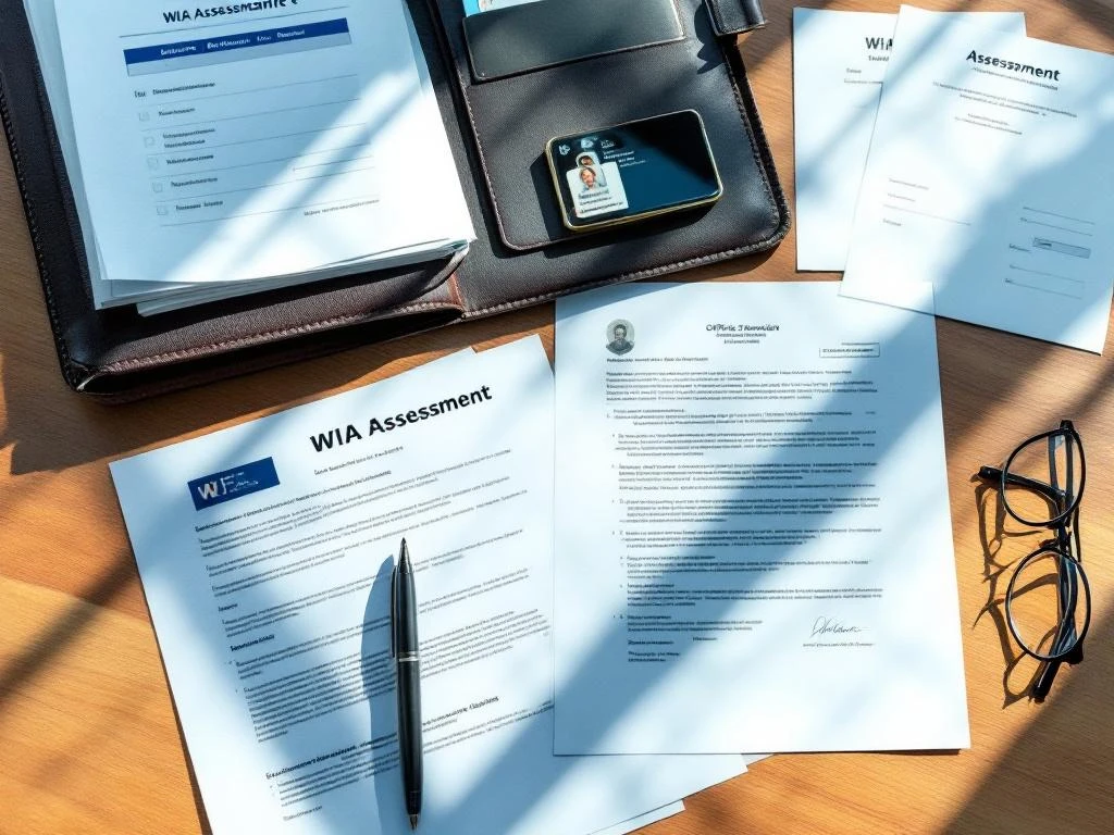 Georganiseerde houten bureau met WIA-beoordelingsdocumenten, medische dossiers, leren portfolio en leesbril klaar voor gebruik