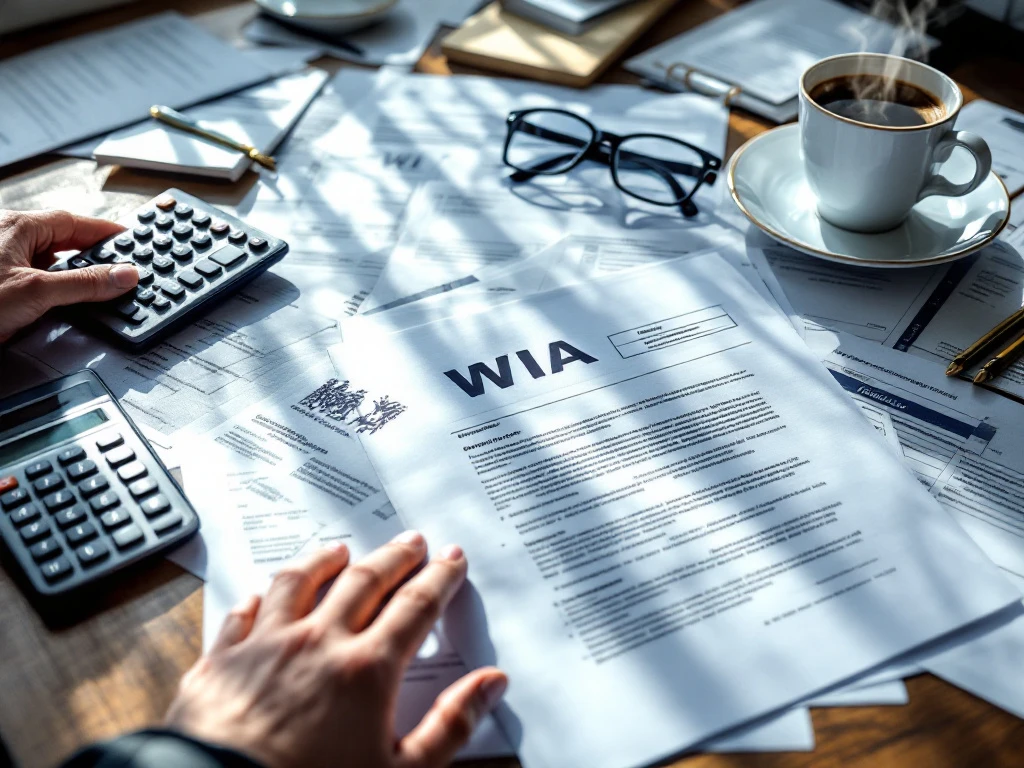 Nederlandse WIA-documenten op houten bureau met calculator, bril en koffiekop, hand reikt naar papieren voor ondersteuning