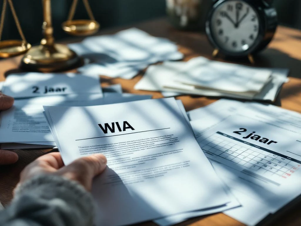 Verweerde handen houden WIA-documenten vast op houten bureau met medische rapporten en kalender met "2 jaar" tijdlijn