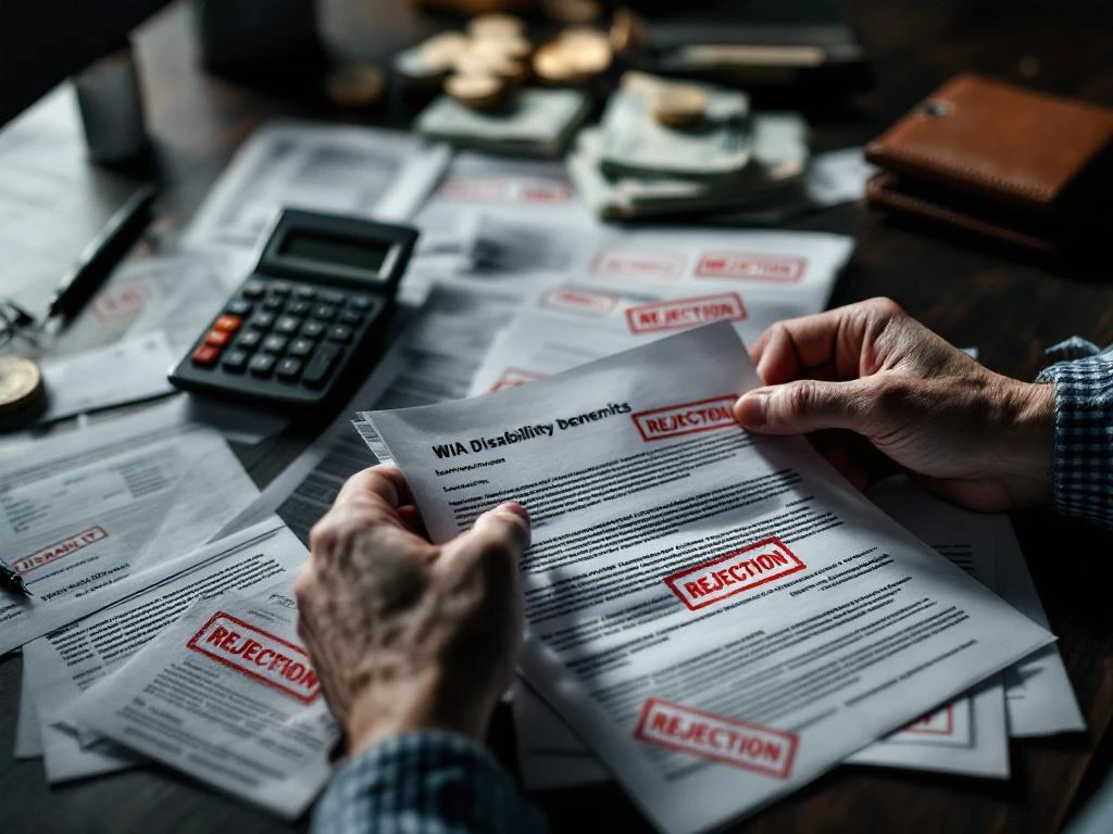 Handen houden afgewezen overheidsdocumenten met rode stempels op donker bureau, rekenmachine en lege portemonnee op achtergrond