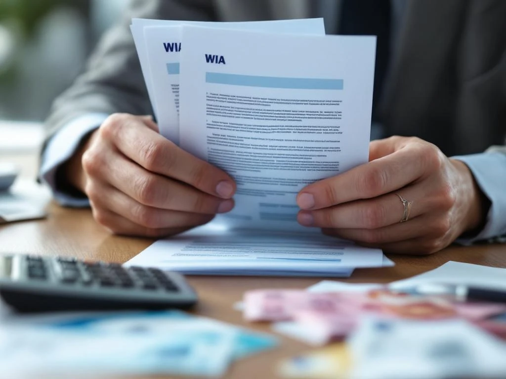 Handen houden WIA-documenten vast op bureau met rekenmachine, eurobiljetten en pen voor loonwaardeberekening