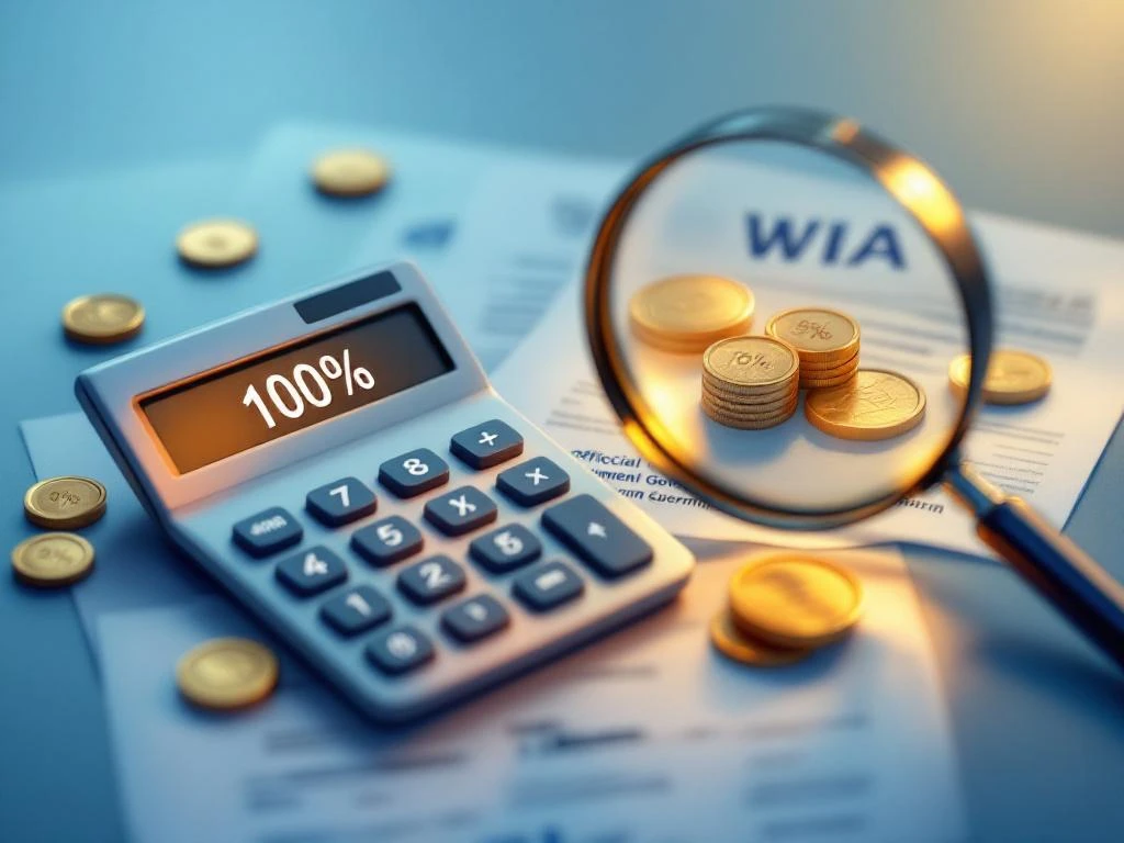 Calculator toont 100% naast WIA-documenten met gouden munten en vergrootglas, professionele financiële berekening