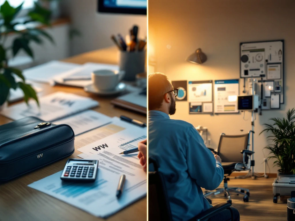 Gesplitst beeld van WW-uitkeringsformulieren op bureau links en WIA-arbeidsongeschiktheidsassessment in medische ruimte rechts