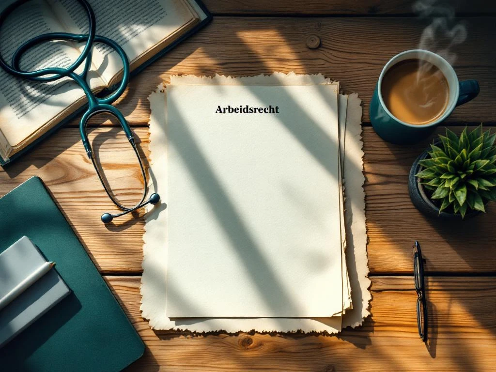 Arbeidsrecht document op bureau met stethoscoop, koffie en bril - zorgverlener en arbeidswetgeving