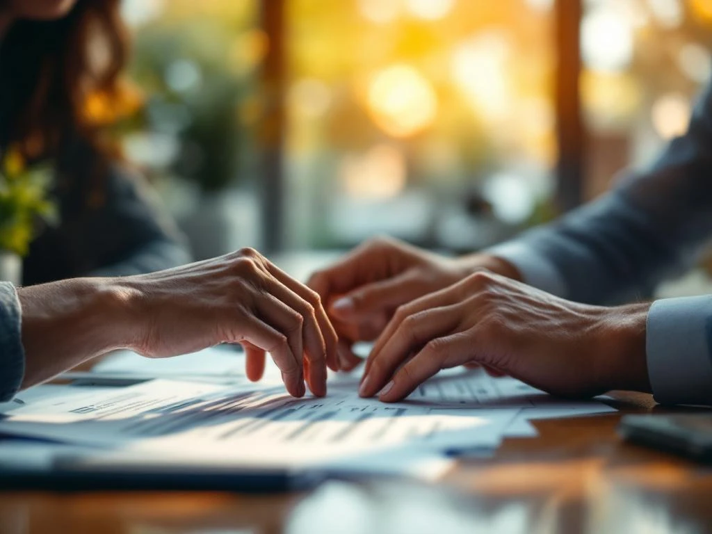 Handen begeleiden door documenten op bureau, symboliseert professionele ondersteuning bij administratieve processen