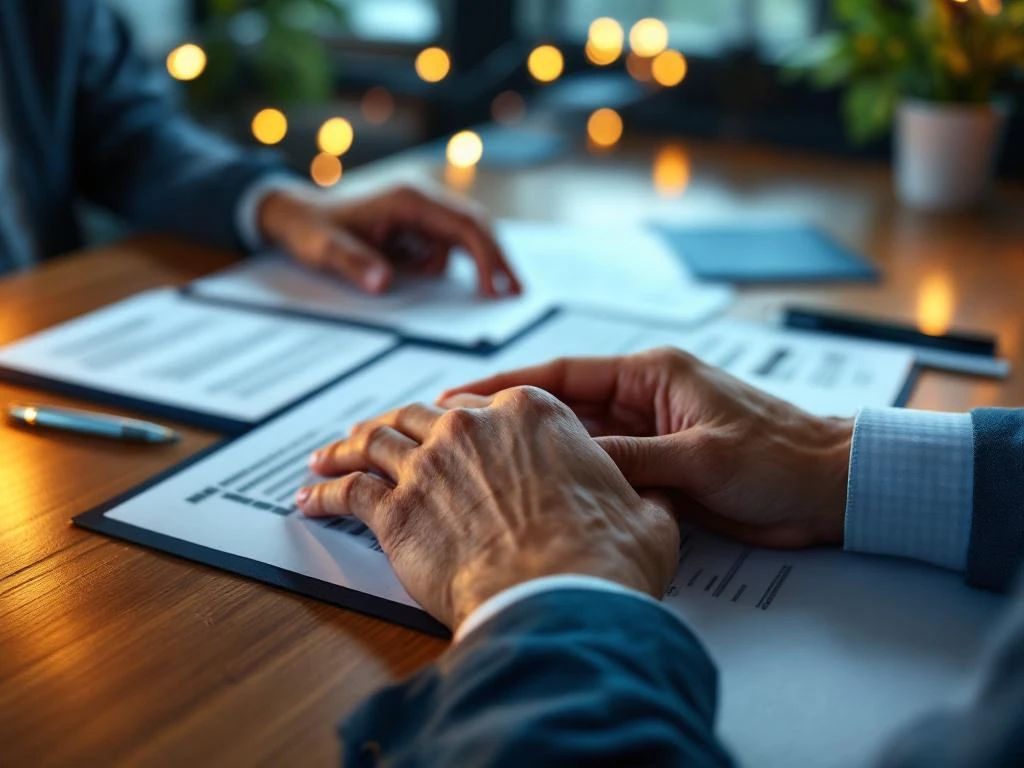 Ondersteunende handen begeleiden persoon bij het invullen van officiële documenten op houten bureau met professionele verlichting