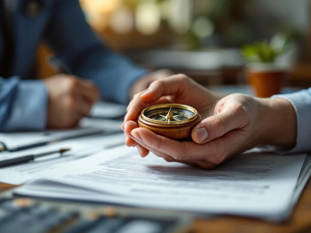 Ondersteunende handen houden houten kompas boven medische documenten in warme consultatieruimte voor begeleiding