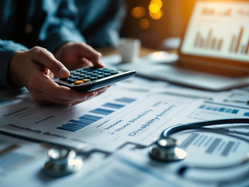 Handen met rekenmachine op financiële documenten en uitkeringspapieren, laptop met grafieken op achtergrond