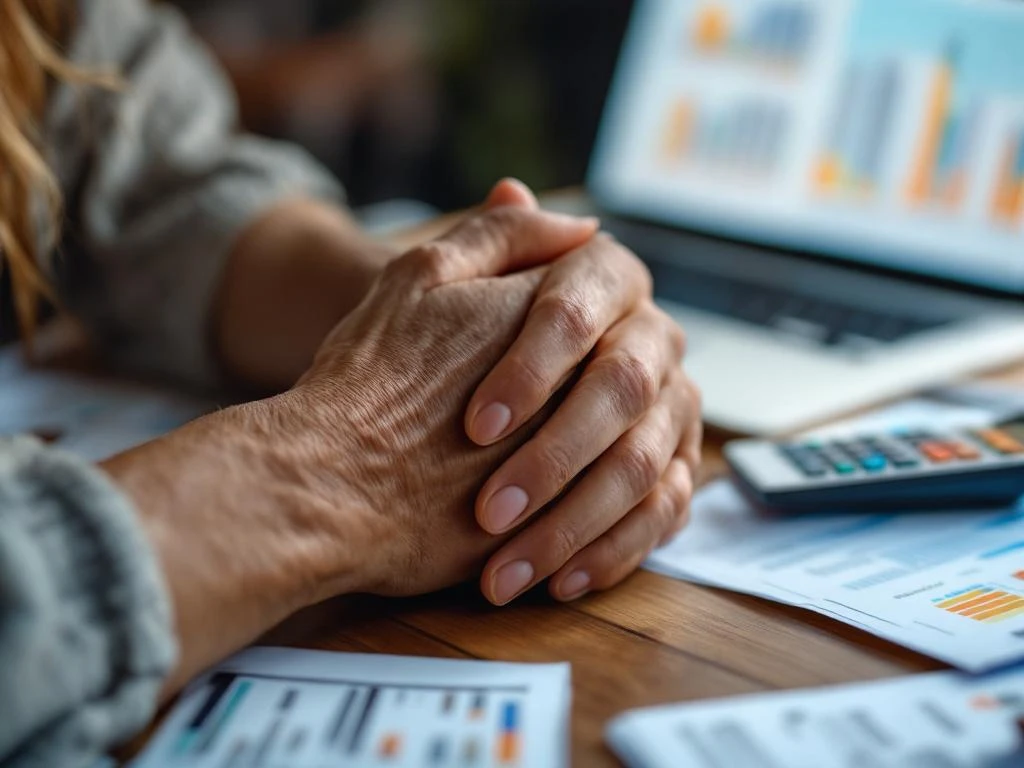 Twee handen samen op houten tafel omringd door financiële documenten, rekenmachine en laptop met spreadsheets