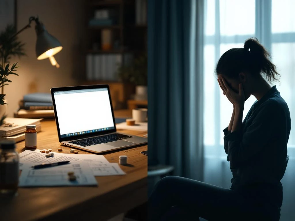 Thuiswerkplek met laptop en medicijnen naast silhouet van persoon die hoofd vasthoudt, illustreert werk met chronische ziekte