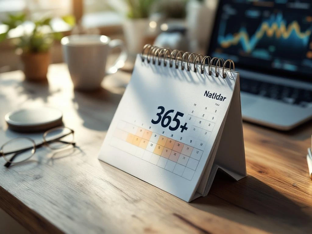 Kalender met 365 afgevinkte dagen op bureau met koffie, bril en laptop met gezondheidsgrafiek op achtergrond