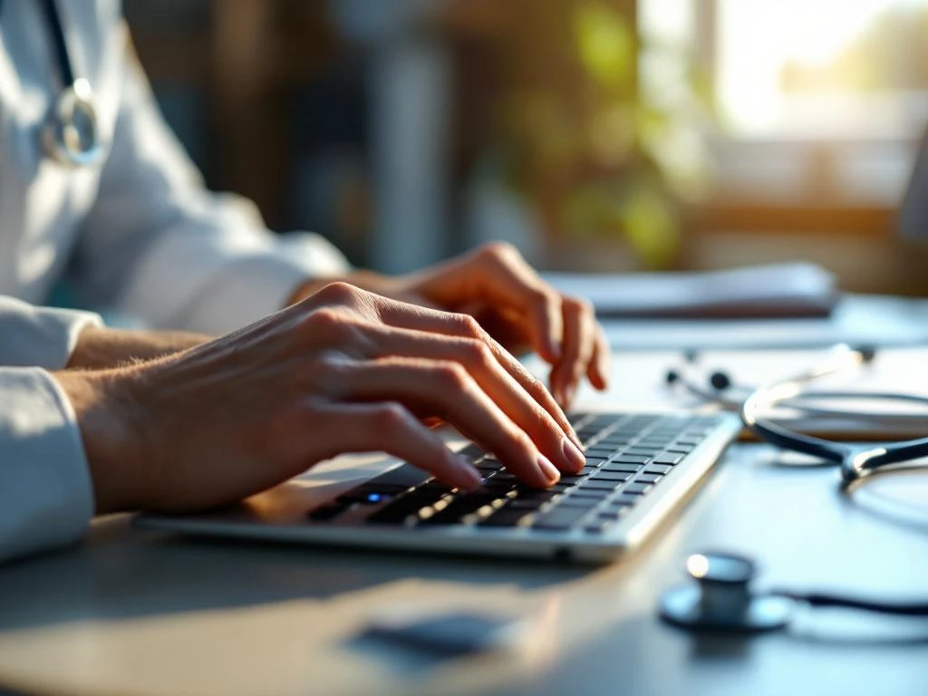 Ondersteunende handen begeleiden iemand bij computergebruik in medische omgeving met stethoscoop op bureau