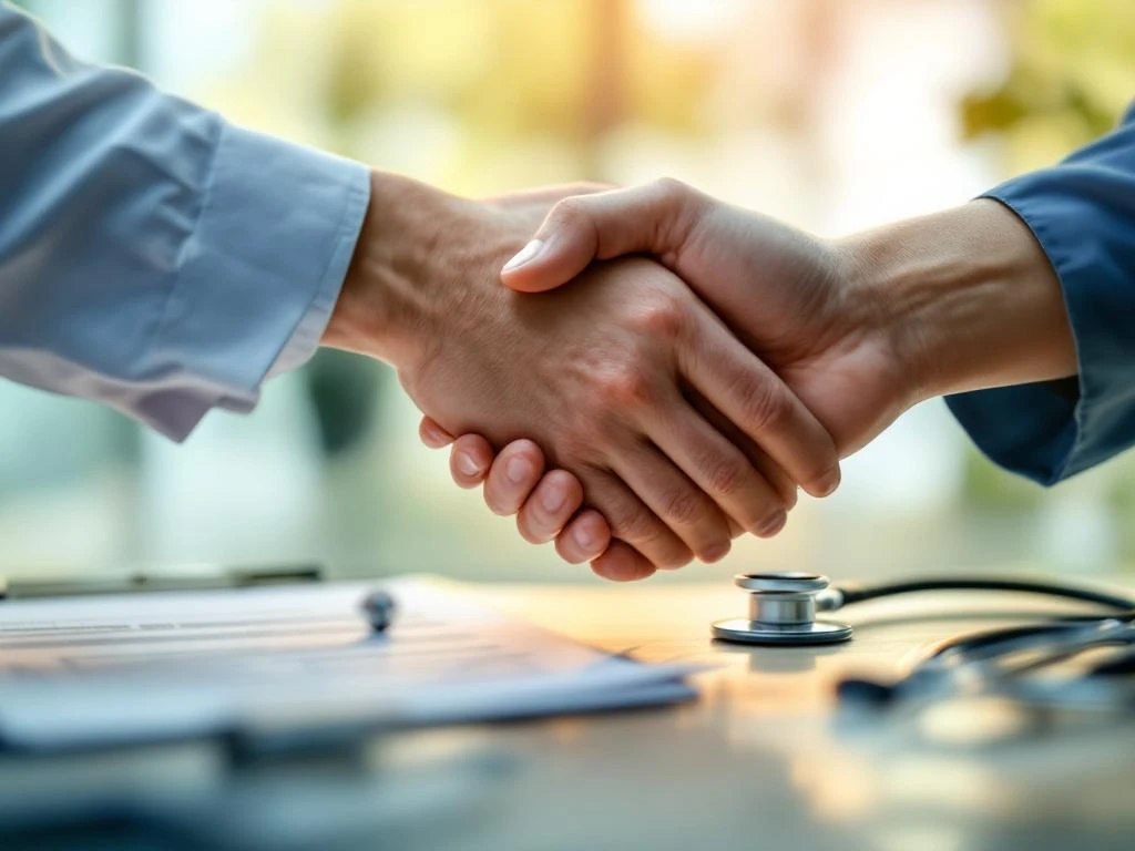 Ondersteunende handen reiken naar elkaar met medische formulieren en stethoscoop, symboliserend zorgverlening en hulp