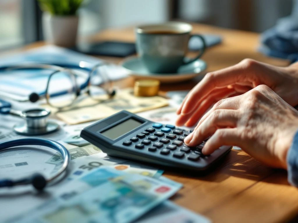 Handen met rekenmachine naast eurobiljetten en medische documenten op houten bureau voor financiële planning