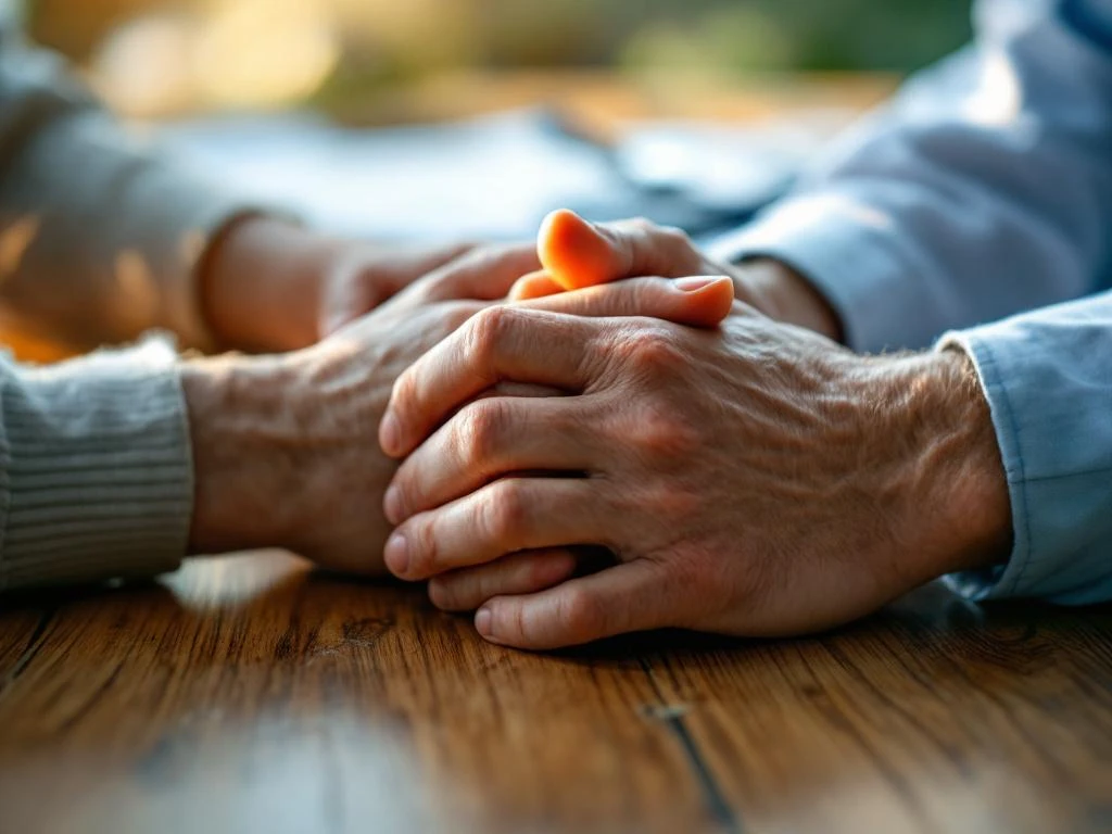 Twee handen die elkaar vasthouden op houten tafel, medische documenten op achtergrond, zorgverlening en steun