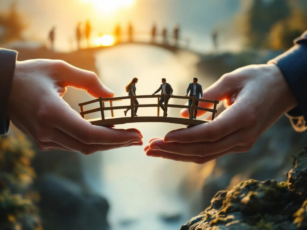 Ondersteunende handen houden houten brugmodel vast boven mistige kloof, symboliseert begeleiding door moeilijke overgangen