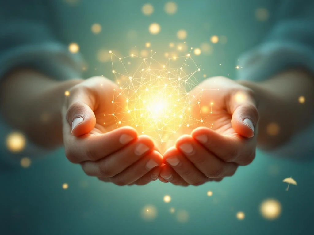 Ondersteunende handen die een gloeiend netwerk vasthouden met medische en professionele symbolen op blauwe achtergrond