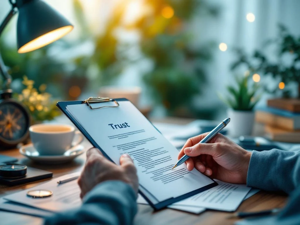 Professionele handen houden klembord met documenten vast op bureau met theekopje en informatiebrochures in warme verlichting