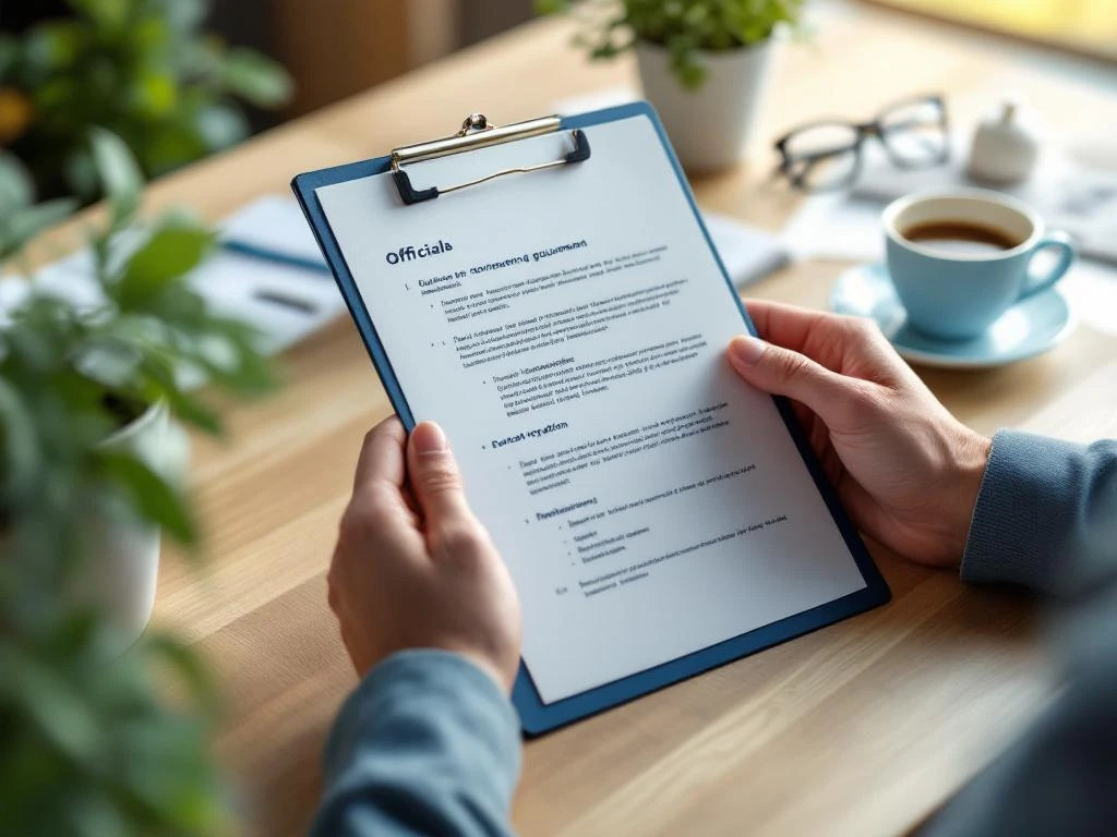 Professionele handen houden klembord met officiële documenten vast op houten bureau met koffie en plant