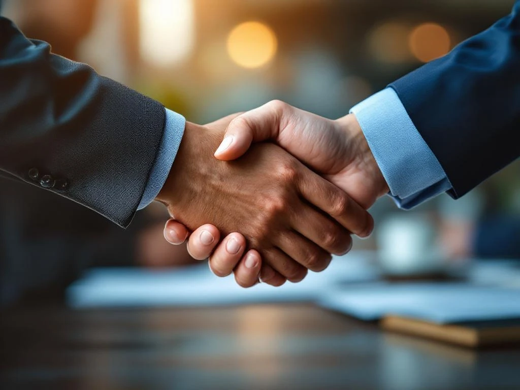 Professionele handdruk tussen twee personen in modern kantoor, symboliseert vertrouwen en zakelijke samenwerking