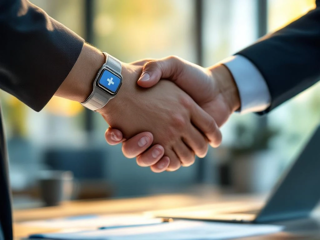 Twee professionele handen in ondersteunende handdruk, één met medische armband, in modern kantoor met warme verlichting