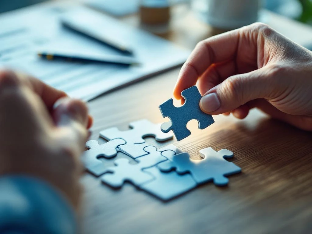 Handen plaatsen laatste puzzelstuk op houten bureau met documenten en pen, symboliseert voltooiing administratief proces