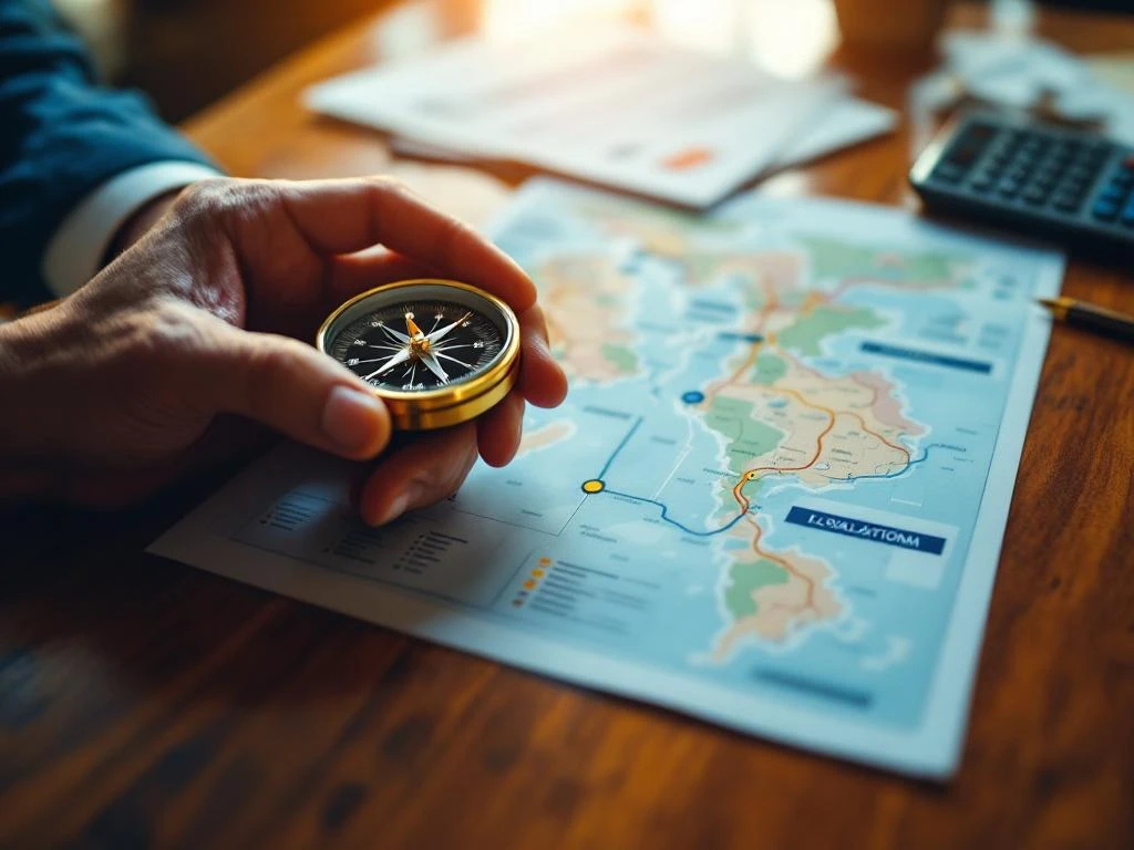 Professionele handen houden kompas en routekaart op houten bureau voor strategische planning en navigatie