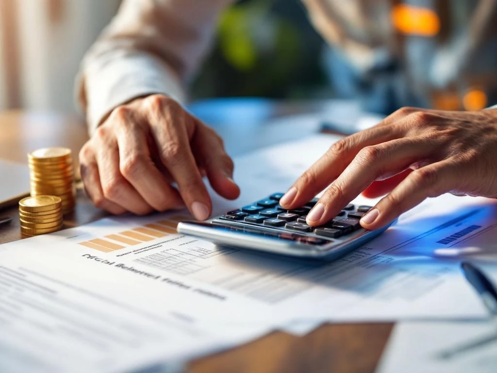 Handen berekenen uitkering op rekenmachine met Nederlandse uitkeringsformulieren op houten bureau