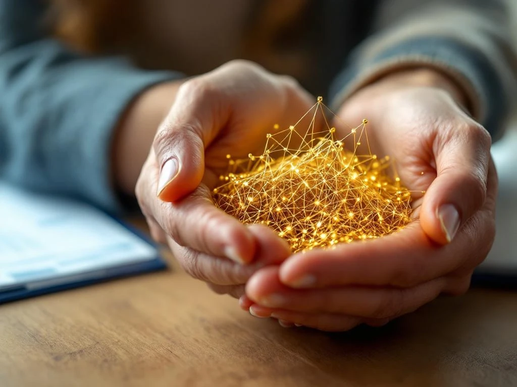 Ondersteunende handen houden gouden veiligheidsnet vast boven officiële documenten op houten bureau
