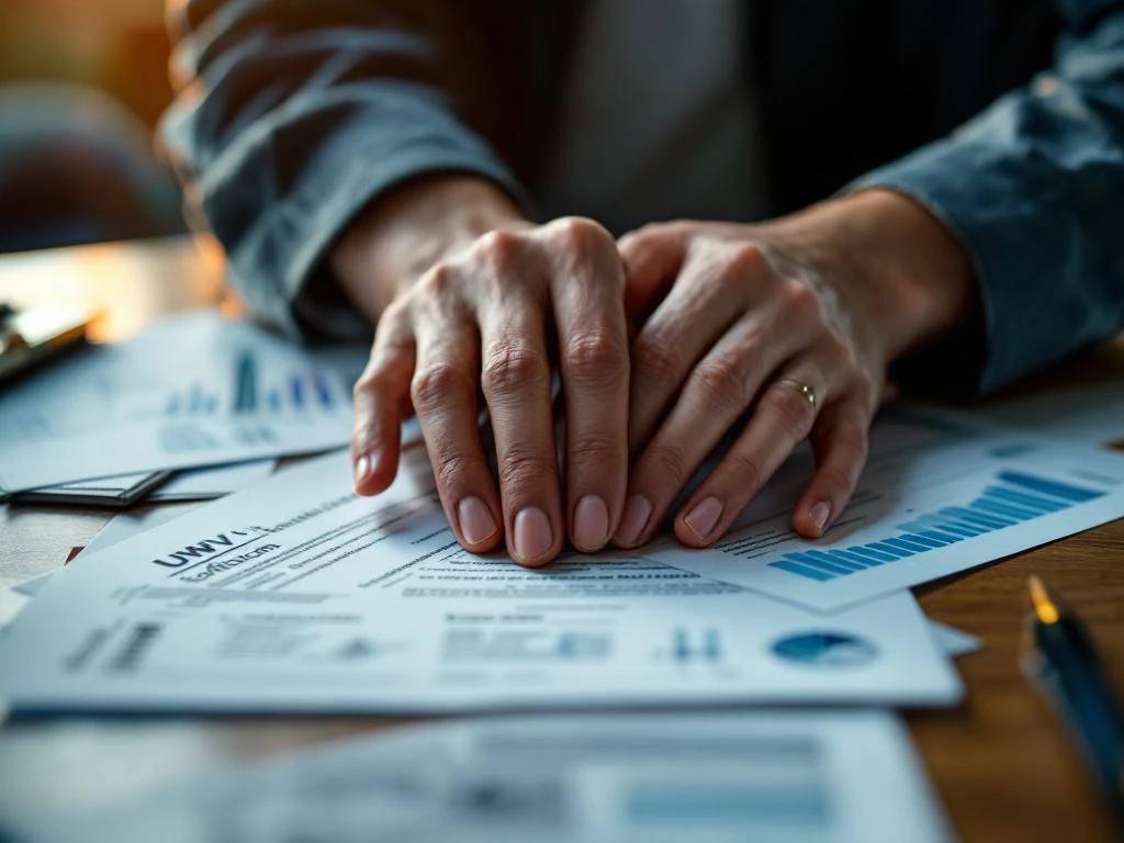 Ondersteunende handen begeleiden persoon bij het invullen van UWV-formulieren op houten bureau met warme verlichting