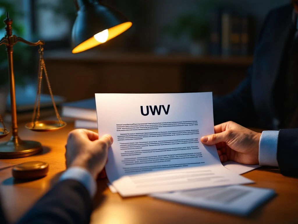 Professionele handen houden UWV-documenten vast onder bureaulamp, met wetboeken en weegschaal op houten bureau