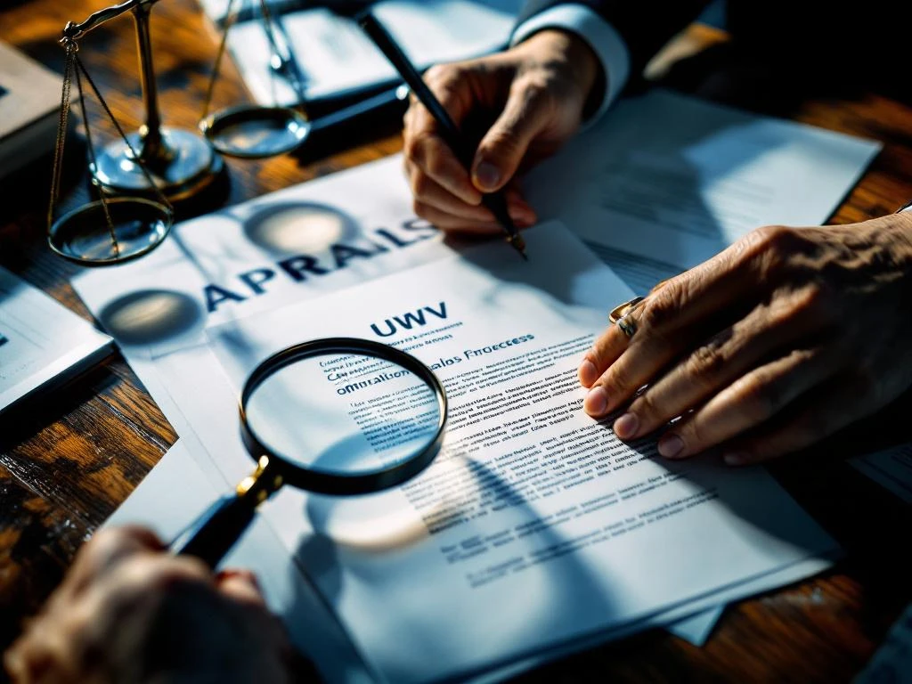 UWV documenten op bureau met vergrootglas en hamer, professionele handen onderzoeken juridische tekst voor bezwaarprocedure