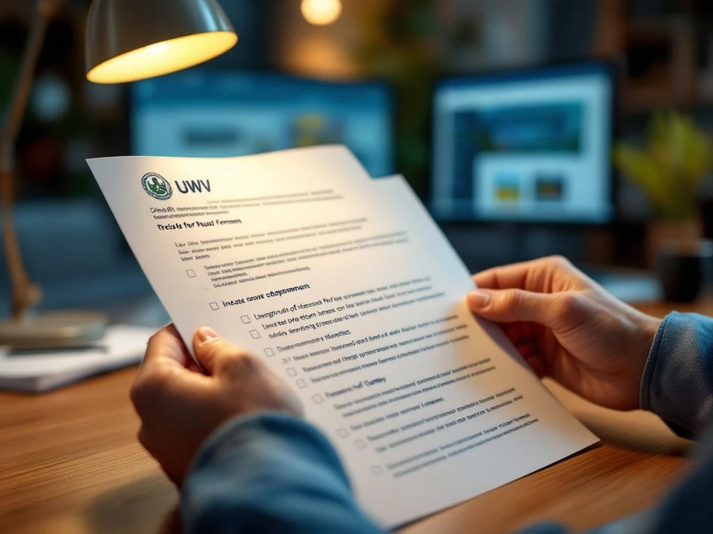 Professionele handen houden UWV-documenten vast op bureau met warme verlichting en computer op achtergrond