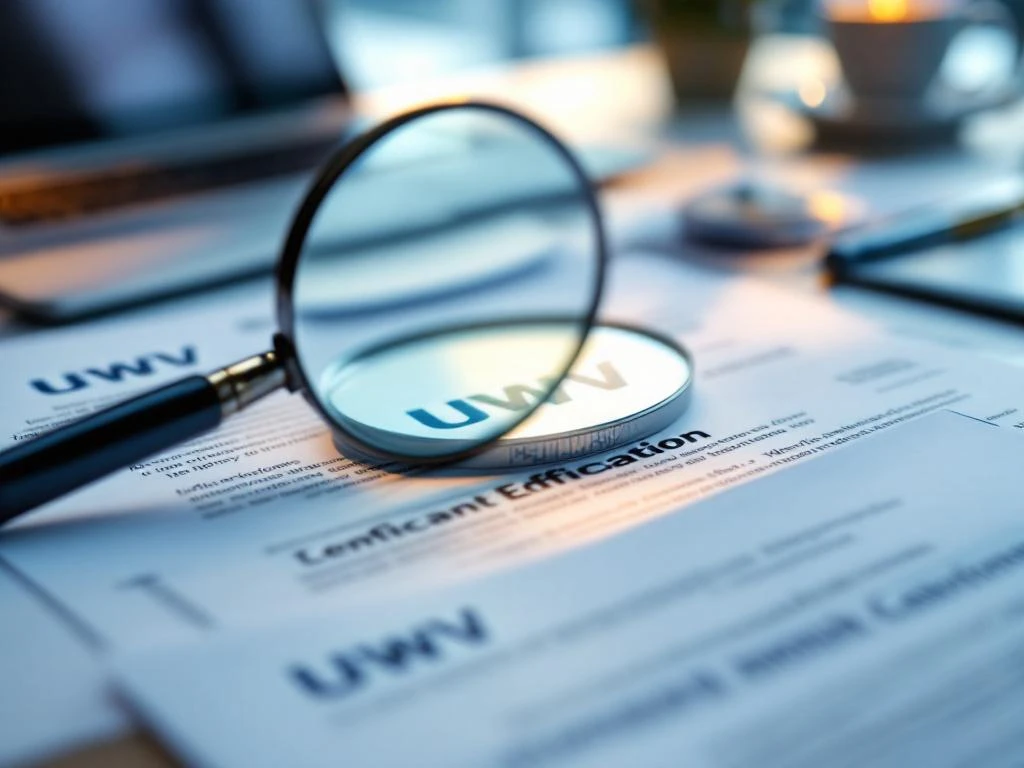 Nederlandse UWV overheidsdocumenten op bureau met vergrootglas, laptop op achtergrond voor digitale verificatie