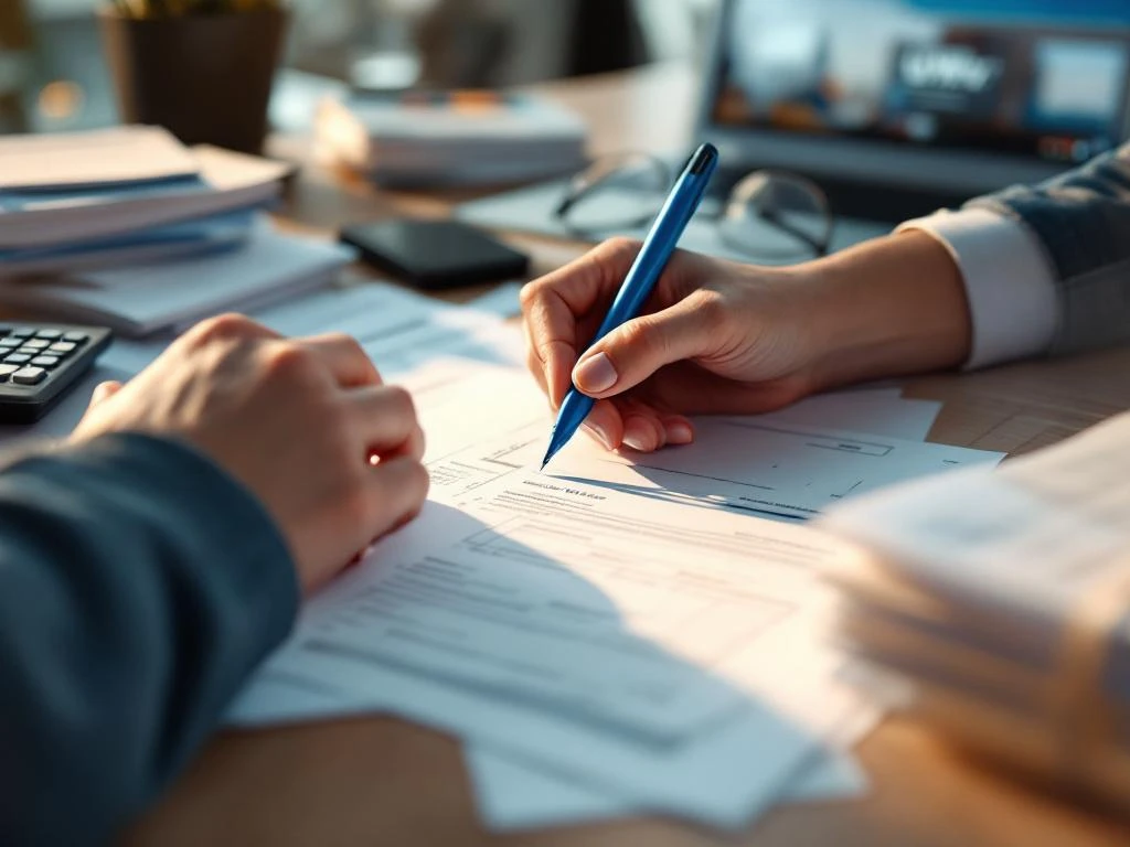 Handen vullen Nederlandse overheidsformulieren in met blauwe pen, omringd door UWV-documenten en hulpmiddelen