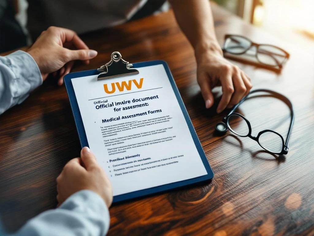 Professionele handen met UWV-documenten en medische beoordelingsformulieren op houten bureau met stethoscoop