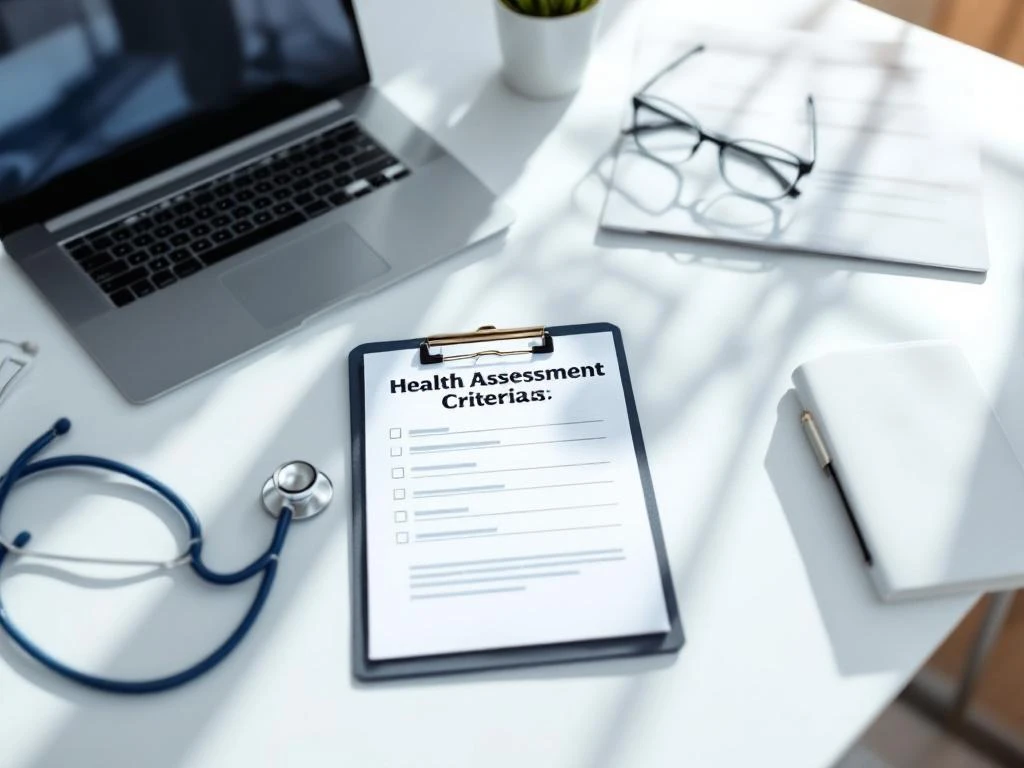 Medisch beoordelingsbureau met stethoscoop, UWV-formulieren op klembord en laptop met gezondheidscriteria